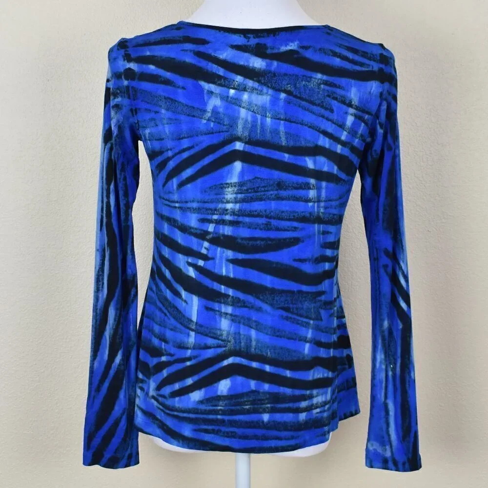 Annie Turbin Blue Tiger Stripe Tie Dye Boatneck Long Sleeve Top 1/S - Picture 4 of 7